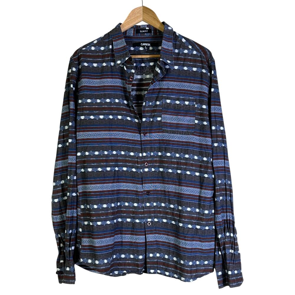 Carbon Button Down Shirt Mens L Blue Brown Aztec Print Cotton Slim Fit Retro
